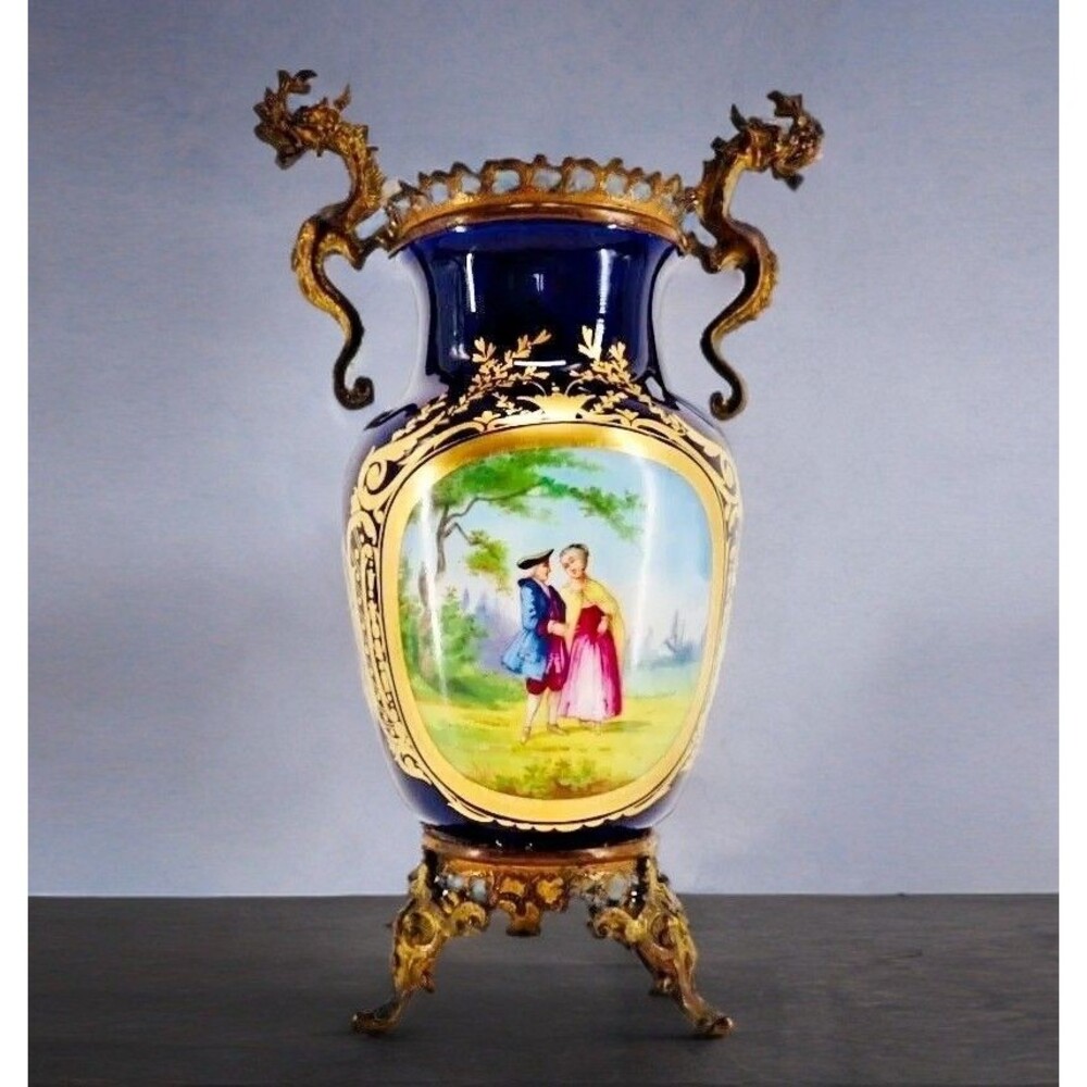 French Sevres Signed Porcelain Cobalt Blue Gilded Vase Courting Couple Victorian